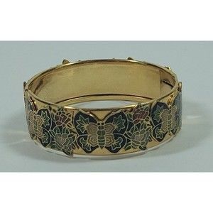 Vintage Cloisonne Goldtone Enamel Hinged Raised Butterflies Roses Bracelet Blue